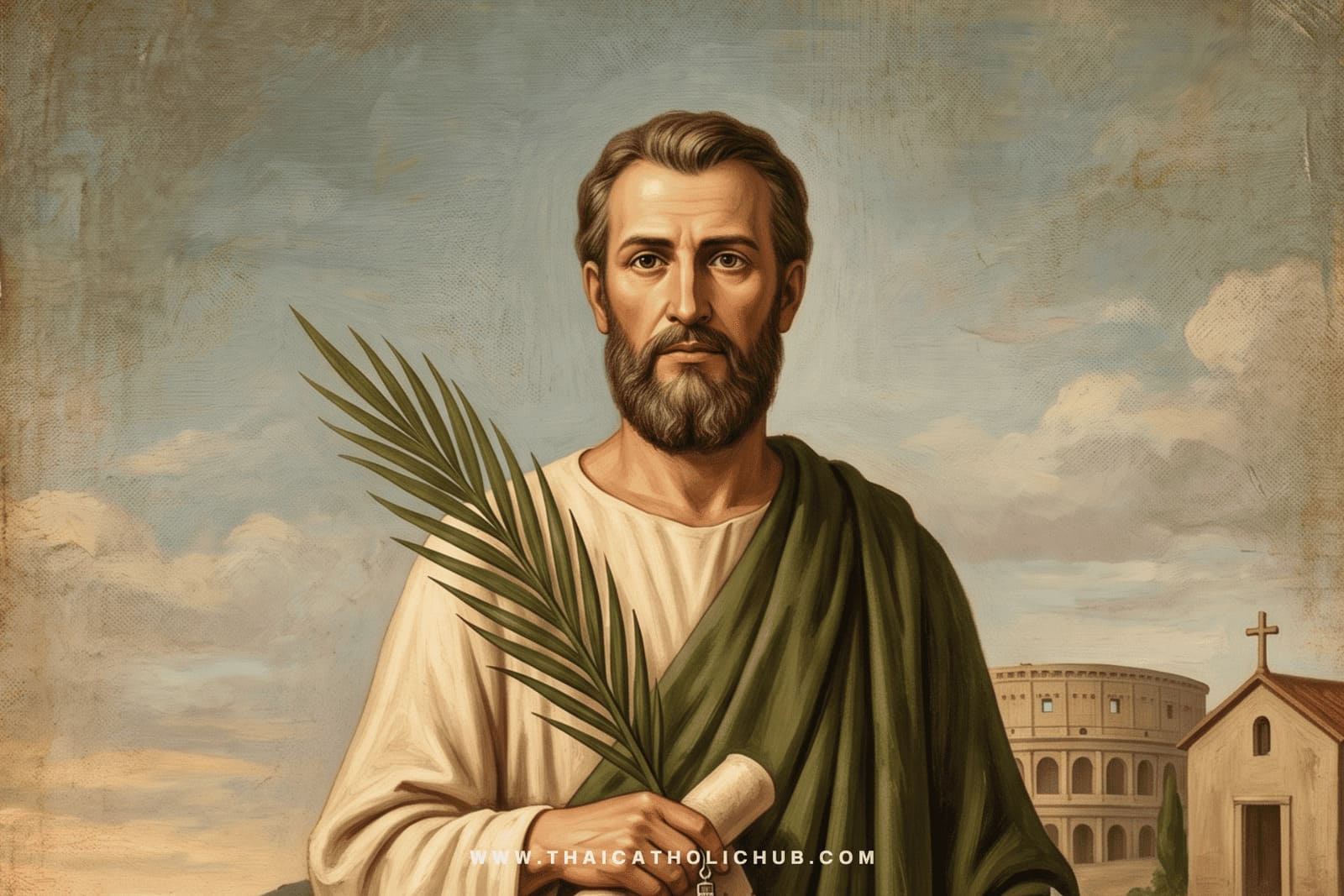 นักบุญยุสติน มรณสักขี (St. Justin Martyr) - ถือปาล์มและหนังสือปรัชญา