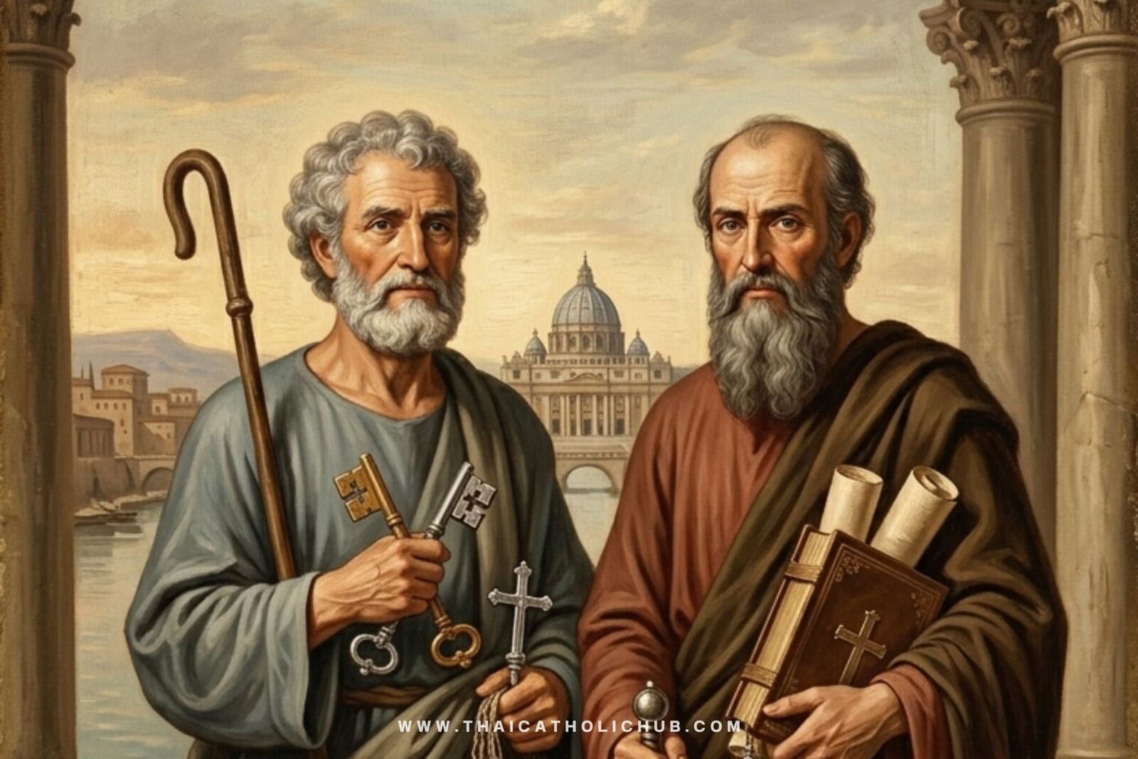 นักบุญเปโตรและนักบุญเปาโล อัครสาวก (Sts. Peter and Paul, Apostles) ถือลูกกุญแจ คมดาบ และม้วนพระคัมภีร์ - TC Hub