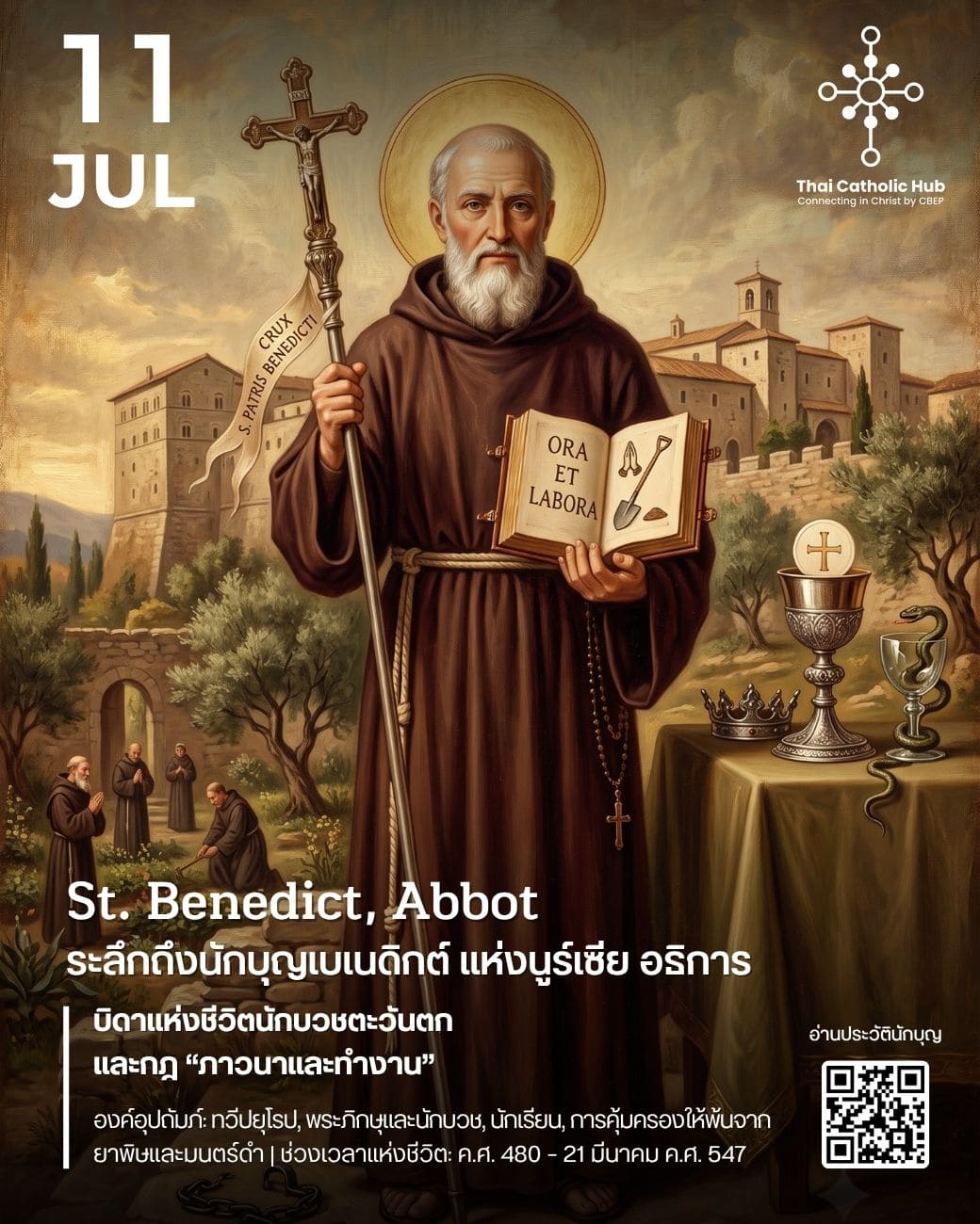 นักบุญเบเนดิกต์ อธิการ (St. Benedict, Abbot) ถือกฎแห่งอารามและไม้เท้าอธิการ - TC Hub