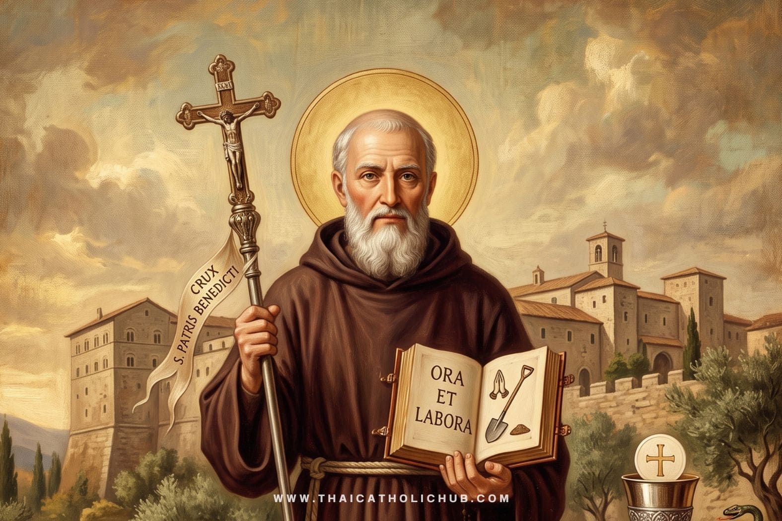 นักบุญเบเนดิกต์ อธิการ (St. Benedict, Abbot) ถือกฎแห่งอารามและไม้เท้าอธิการ - TC Hub