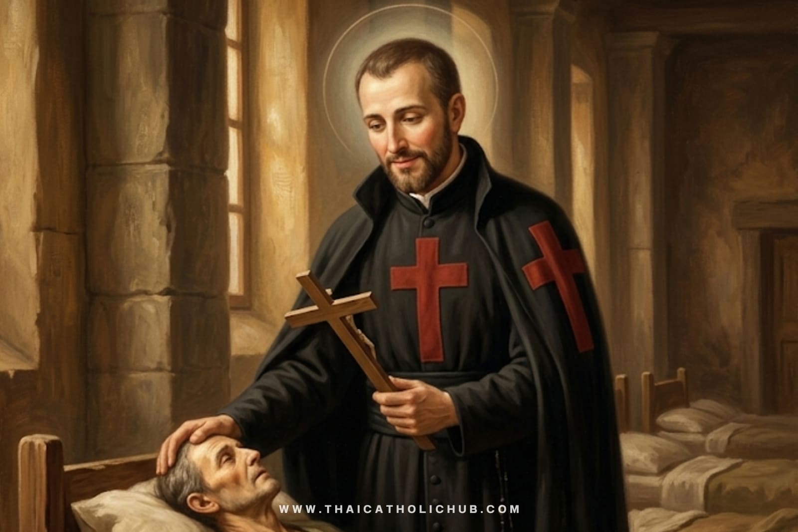 นักบุญคามิลโล เดอ เลลลิส (St. Camillus de Lellis) สวมชุดนักบวชมีกางเขนสีแดงกำลังอุ้มประคองผู้ป่วย - TC Hub