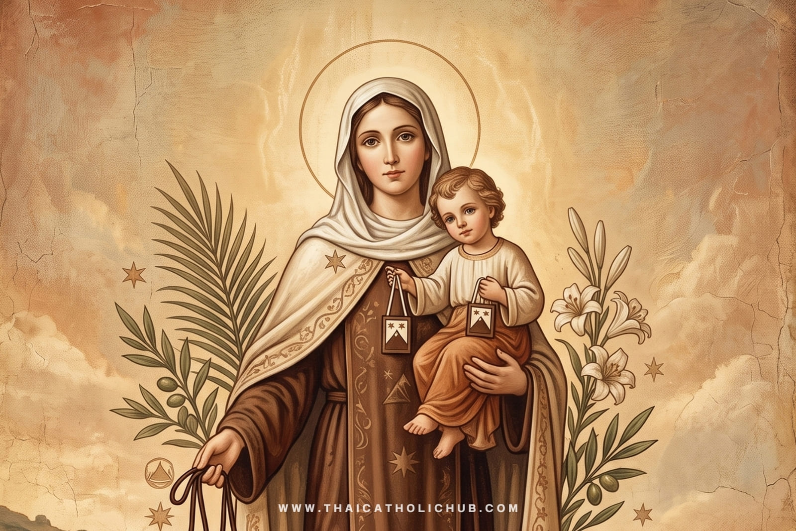 แม่พระแห่งภูเขาคาร์แมล (Our Lady of Mount Carmel) ประทานสกัปปูลาร์สีน้ำตาลแก่นักบุญซีมอน สต๊อก - TC Hub