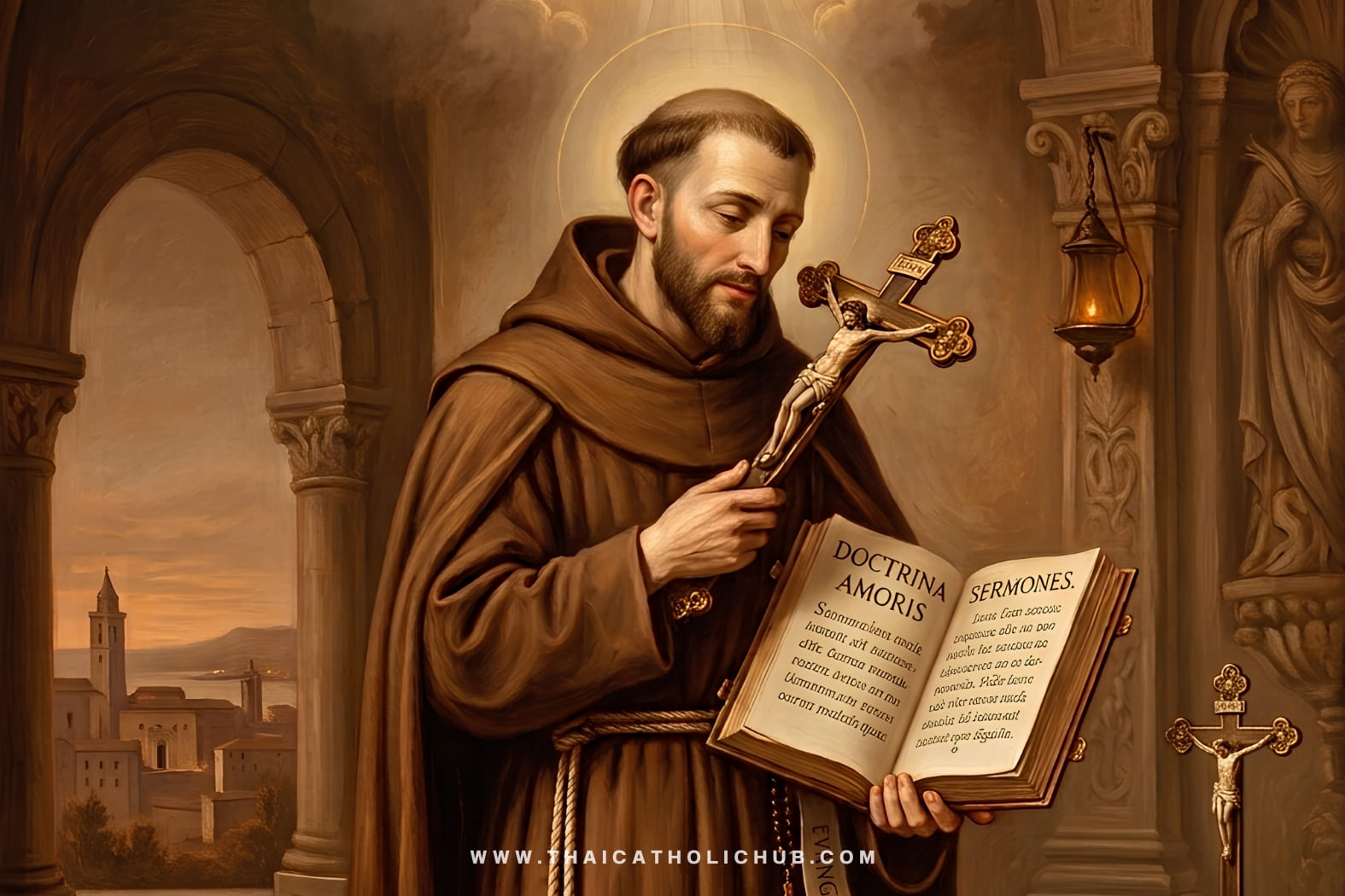 นักบุญลอเรนซ์แห่งบรินดีซี (St. Lawrence of Brindisi) ในชุดคาปูชินสีน้ำตาลชูไม้กางเขนนำกองทัพคริสตชน - TC Hub