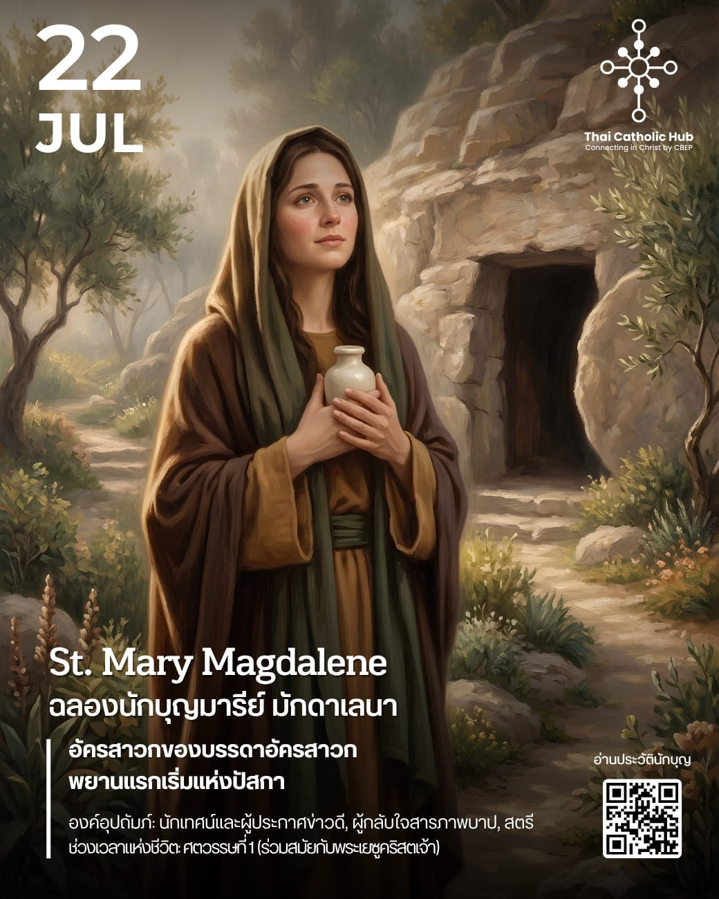 นักบุญมารีย์ มักดาเลนา (St. Mary Magdalene) ยืนคุกเข่าต่อหน้าพระคริสต์ผู้ทรงกลับคืนพระชนม์ชีพแทบอุโมงค์ว่างเปล่า - TC Hub