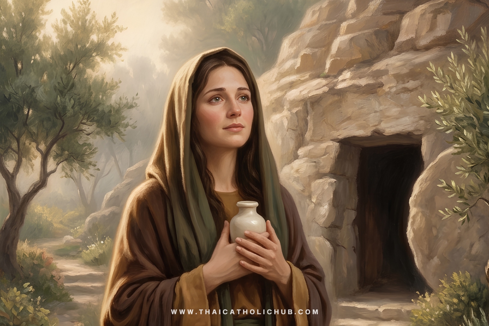 นักบุญมารีย์ มักดาเลนา (St. Mary Magdalene) ยืนคุกเข่าต่อหน้าพระคริสต์ผู้ทรงกลับคืนพระชนม์ชีพแทบอุโมงค์ว่างเปล่า - TC Hub