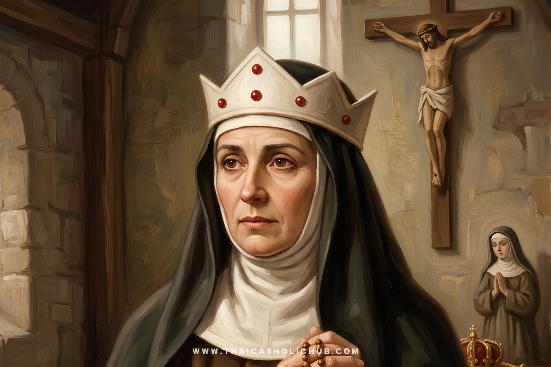 นักบุญบริดเจตแห่งสวีเดน (St. Bridget of Sweden) สวมชุดม่ายสีดำและผ้าคลุมศีรษะสีขาว กำลังเขียนบันทึกนิมิตศักดิ์สิทธิ์ - TC Hub