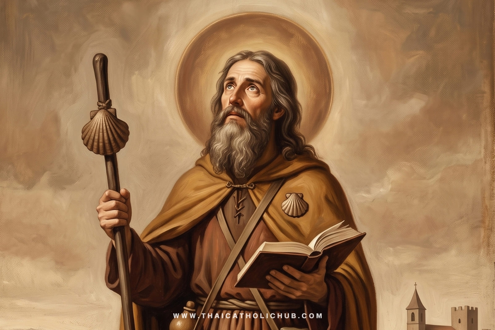นักบุญยากอบ อัครสาวก (St. James, Apostle) ในชุดผู้แสวงบุญ ถือไม้เท้าและเปลือกหอยเชลล์ - TC Hub