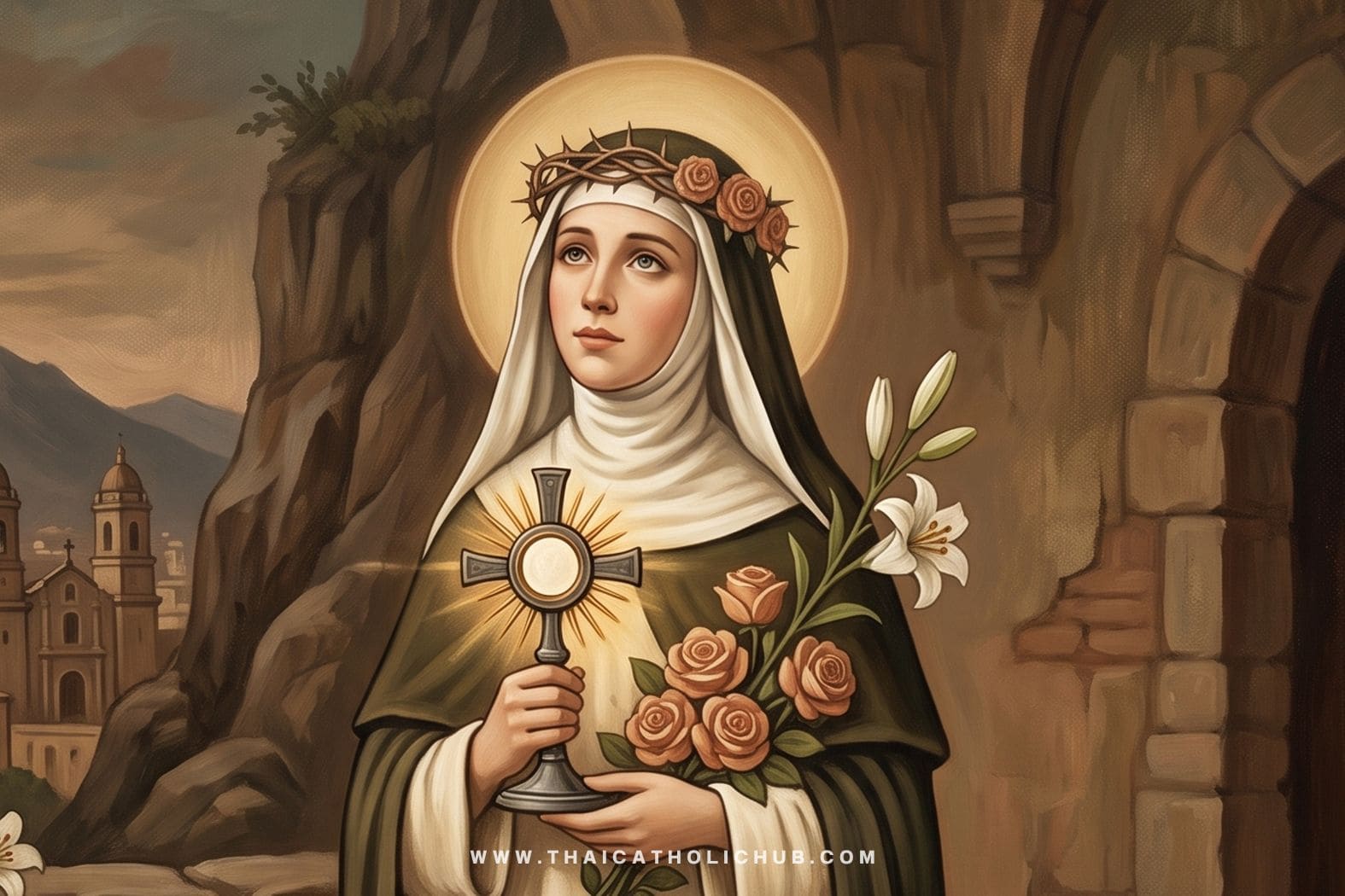 นักบุญโรส แห่งลิมา (St. Rose of Lima) สวมมงกุฎดอกกุหลาบที่มีหนามซ่อนอยู่ และจ้องมองพระกางเขนด้วยความรัก - TC Hub