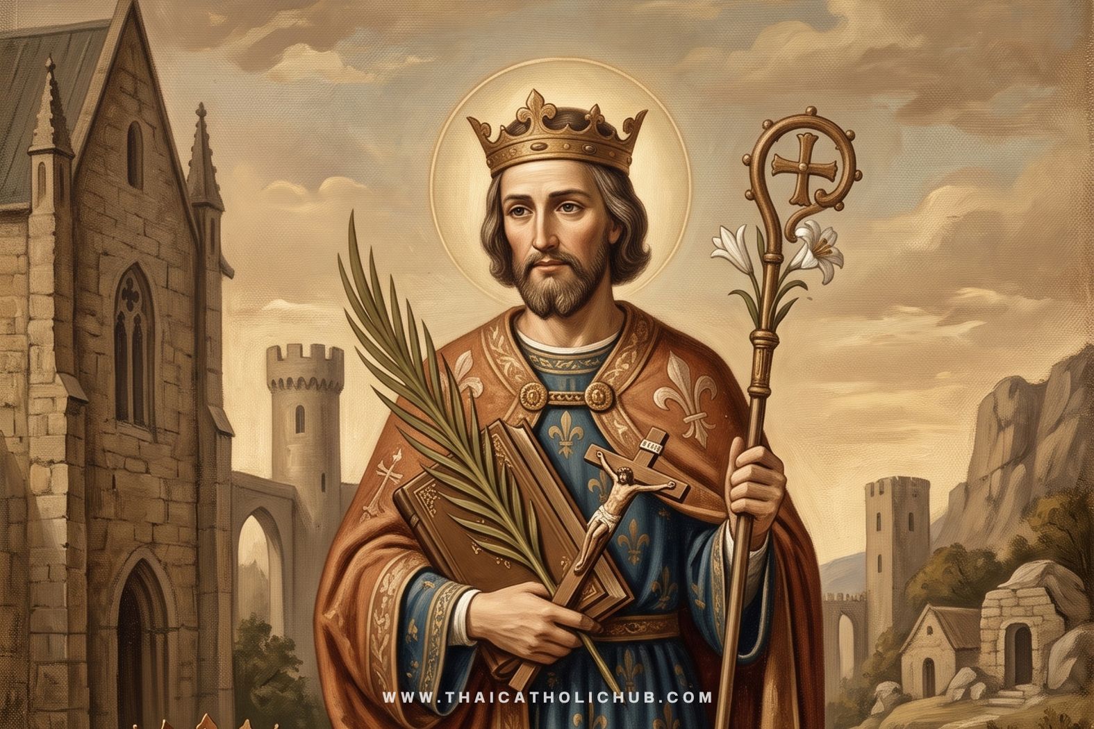นักบุญหลุยส์ กษัตริย์แห่งฝรั่งเศส (Saint Louis IX) สวมมงกุฎกษัตริย์และถือมงกุฎหนามของพระเยซูเจ้า - TC Hub