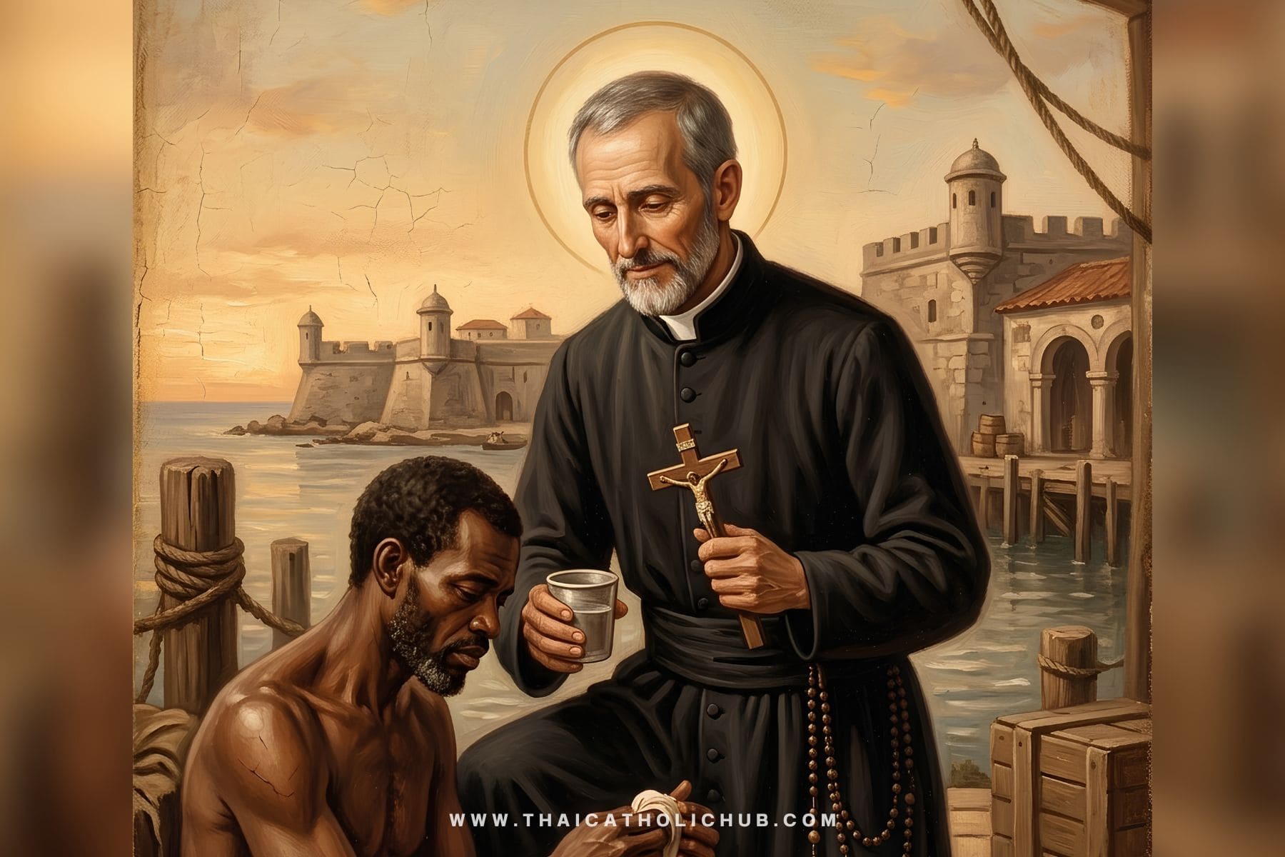 นักบุญเปโตร คลาเวอร์ (St. Peter Claver) กำลังดูแลและโปรดศีลล้างบาปให้แก่ทาสชาวแอฟริกันด้วยความเมตตา - TC Hub