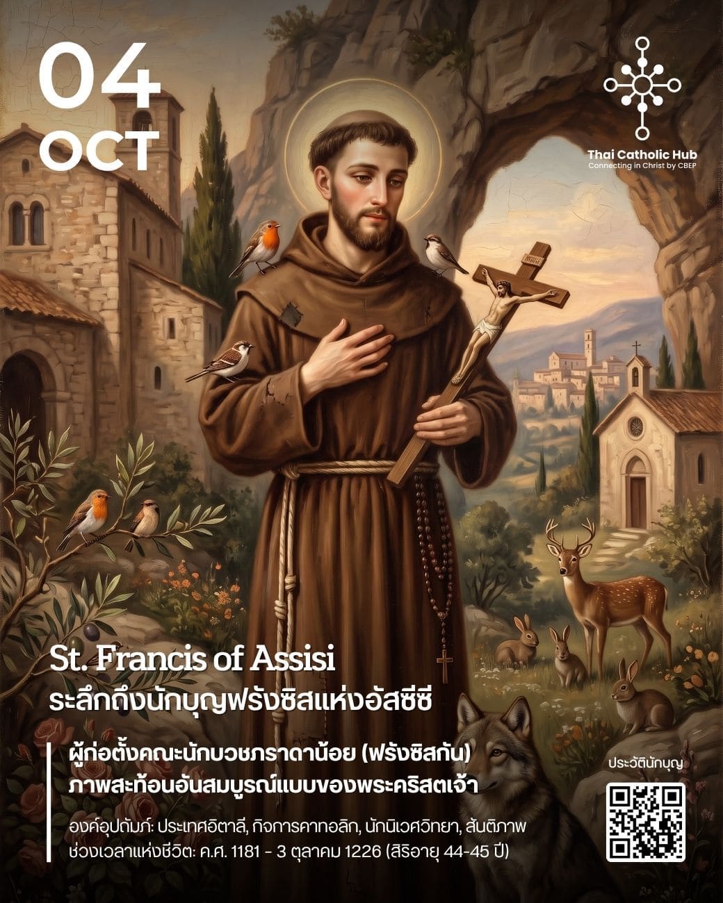 นักบุญฟรังซิสแห่งอัสซีซี (St. Francis of Assisi) สวมชุดคณะภราดาน้อยและแสดงรอยแผลศักดิ์สิทธิ์