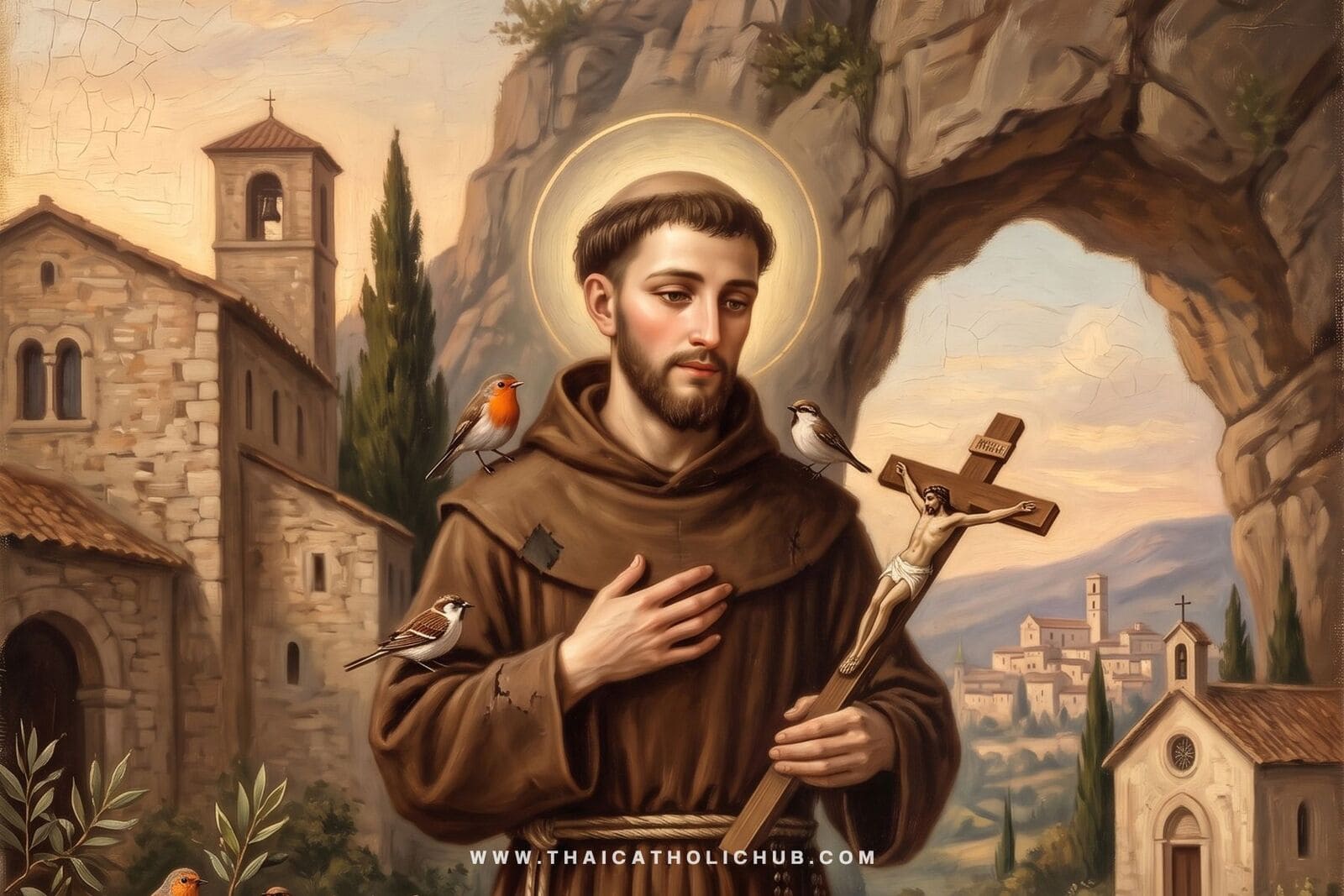 นักบุญฟรังซิสแห่งอัสซีซี (St. Francis of Assisi) สวมชุดคณะภราดาน้อยและแสดงรอยแผลศักดิ์สิทธิ์