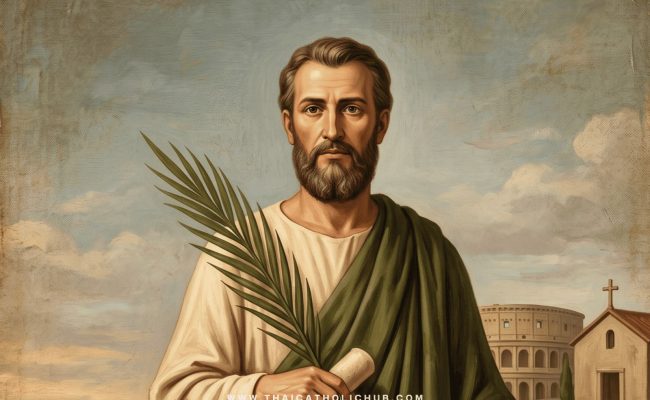 นักบุญยุสติน มรณสักขี (St. Justin Martyr) - ถือปาล์มและหนังสือปรัชญา