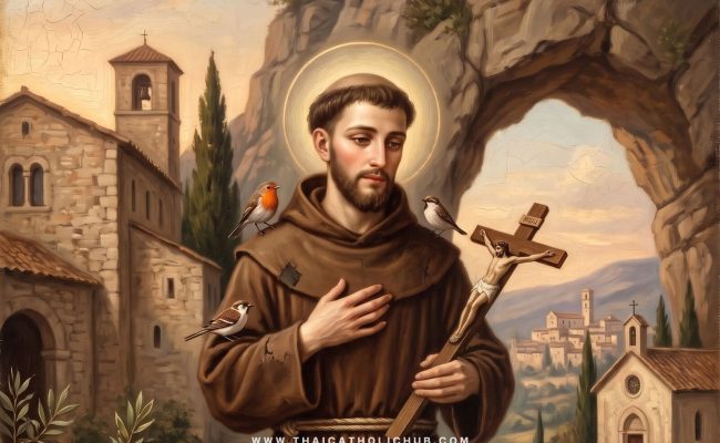 นักบุญฟรังซิสแห่งอัสซีซี (St. Francis of Assisi) สวมชุดคณะภราดาน้อยและแสดงรอยแผลศักดิ์สิทธิ์