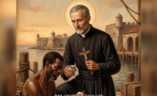 นักบุญเปโตร คลาเวอร์ (St. Peter Claver) กำลังดูแลและโปรดศีลล้างบาปให้แก่ทาสชาวแอฟริกันด้วยความเมตตา - TC Hub