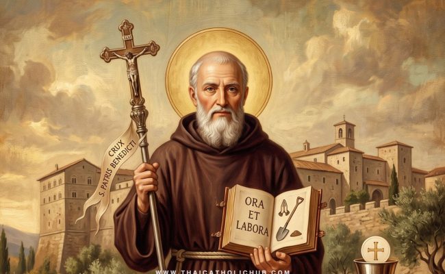 นักบุญเบเนดิกต์ อธิการ (St. Benedict, Abbot) ถือกฎแห่งอารามและไม้เท้าอธิการ - TC Hub