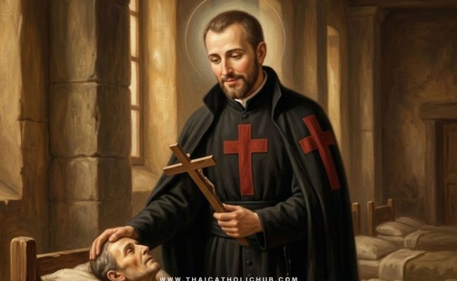 นักบุญคามิลโล เดอ เลลลิส (St. Camillus de Lellis) สวมชุดนักบวชมีกางเขนสีแดงกำลังอุ้มประคองผู้ป่วย - TC Hub