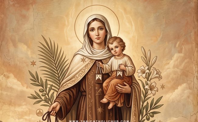แม่พระแห่งภูเขาคาร์แมล (Our Lady of Mount Carmel) ประทานสกัปปูลาร์สีน้ำตาลแก่นักบุญซีมอน สต๊อก - TC Hub