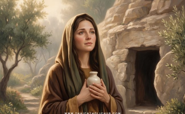 นักบุญมารีย์ มักดาเลนา (St. Mary Magdalene) ยืนคุกเข่าต่อหน้าพระคริสต์ผู้ทรงกลับคืนพระชนม์ชีพแทบอุโมงค์ว่างเปล่า - TC Hub