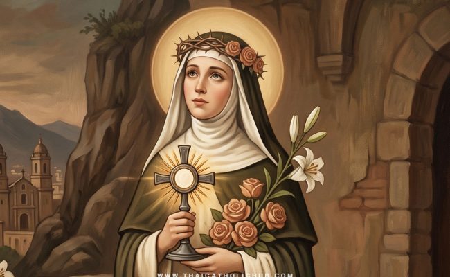นักบุญโรส แห่งลิมา (St. Rose of Lima) สวมมงกุฎดอกกุหลาบที่มีหนามซ่อนอยู่ และจ้องมองพระกางเขนด้วยความรัก - TC Hub