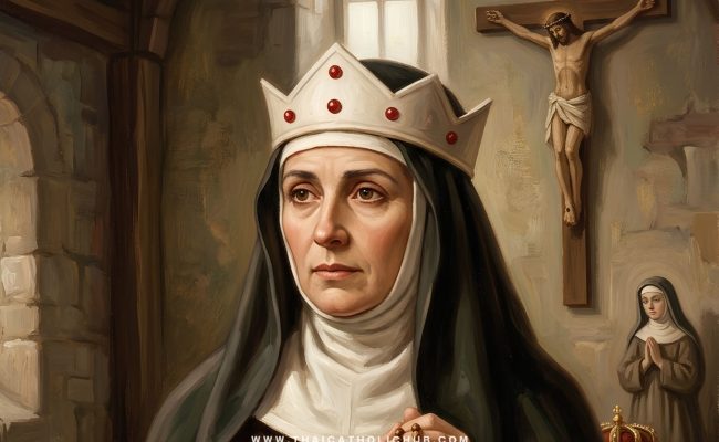 นักบุญบริดเจตแห่งสวีเดน (St. Bridget of Sweden) สวมชุดม่ายสีดำและผ้าคลุมศีรษะสีขาว กำลังเขียนบันทึกนิมิตศักดิ์สิทธิ์ - TC Hub