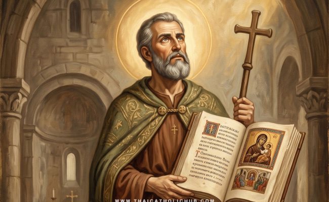 นักบุญบาร์โธโลมิว อัครสาวก (St. Bartholomew the Apostle) ถือมีดและแผ่นหนัง สัญลักษณ์แห่งมรณสักขี - TC Hub