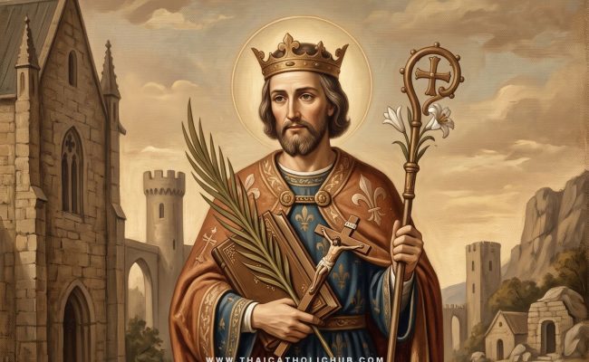 นักบุญหลุยส์ กษัตริย์แห่งฝรั่งเศส (Saint Louis IX) สวมมงกุฎกษัตริย์และถือมงกุฎหนามของพระเยซูเจ้า - TC Hub