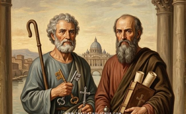 นักบุญเปโตรและนักบุญเปาโล อัครสาวก (Sts. Peter and Paul, Apostles) ถือลูกกุญแจ คมดาบ และม้วนพระคัมภีร์ - TC Hub