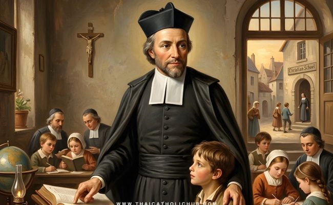 นักบุญยอห์น บัปติสต์ เดอ ลาซาล องค์อุปถัมภ์ของครูอาจารย์ ท่ามกลางบรรดาเยาวชนที่ท่านอุทิศชีวิตเพื่อหยิบยื่นความรู้และความรักของพระคริสตเจ้าให้